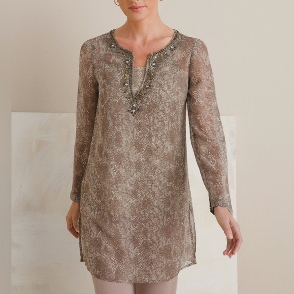 Chico's Tunic Top with Cami Size 1/M Chiffon Beaded Snake Print Lightweight NWT